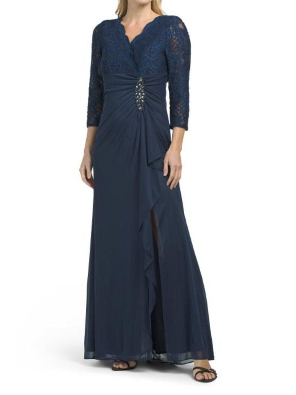 ALEX EVENINGS Empire Waist Lace And Mesh Dress With Surplice Neckline